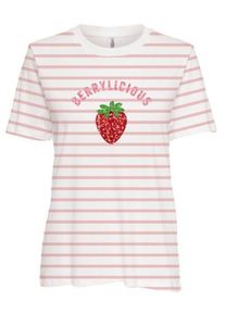Kurzarmshirt Only "ONLKITA S/S TEE JRS NOOS", Damen, Gr. L, cloud dancer stripes:rosy touch, sequin strawberry, Jersey, Obermaterial: 100% Baumwolle, gestreift, regular fit normal, Rundhals, Shirts Kurzarmshirt, Baumwolle, regular fit