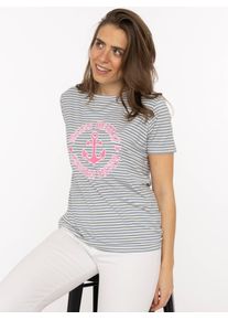 T-Shirt Zwillingsherz "Heimat Anker", Damen, Gr. L, jeansblau, Obermaterial: 95% Viskose, 5% Elasthan, Shirts T-Shirt, gestreift, rundes Motiv mit Anker, Rundhals