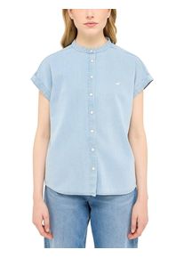 Kurzarmbluse Mustang "Damen Style Tulsa", Damen, Gr. 36, blau (blau 210), Web, 72% Lyocell, 28% Baumwolle, unifarben, loose fit, Blusen Kurzarmbluse