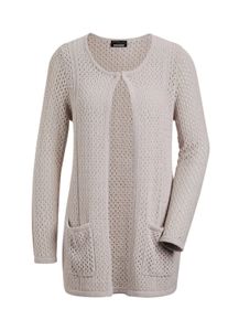 Kurzjacke GOLDNER "Brauner Cardigan mit Lochmuster, Langarm", Damen, Gr. 48, beige (stein), Obermaterial: 53% Polyacryl PAN. 24% Polyamid PA. 18% Baumwolle CO. 5% metallisierte Fasern MTF., gerade, Tubular, Jacken Kurzjacke, mit Glitzergarn