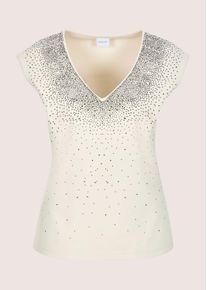 Madeleine Mode Kurzarmshirt MADELEINE "Shirt Elegantes Shirt mit V-Ausschnitt, &auml;rmellos", Damen, Gr. 46, wei&szlig; (perlwei&szlig;), Obermaterial: 70% Viskose CV. 20% Polyester PES. 10% Elasthan EL., Modern, tailliert, Shirts Kurzarmshirt, Strass-Dekoration