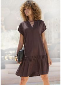 Blusenkleid Lascana, Damen, Gr. 36, N-Gr, dunkelbraun, Web, Obermaterial: 100% Viskose, unifarben, figurumspielend ca. Mitte Oberschenkel, V-Ausschnitt, Kleider Blusenkleid, mit Volant am Rock