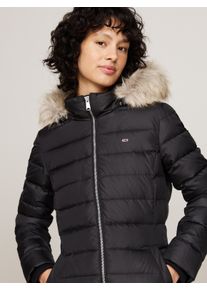 Steppmantel Tommy Jeans "TJW ESSENTIAL HOODED DOWN COAT", Damen, Gr. S (36), schwarz, Web, Obermaterial: 100% Polyester. Futter: 100% Polyester, unifarben, regular fit h&uuml;ftbedeckend, Rippb&uuml;ndchen, M&auml;ntel Steppmantel, mit Fellimitat, Logostickerei