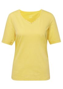 Langarm-Poloshirt GOLDNER "Halbarm Basic-Shirt aus Baumwolle", Damen, Gr. 50, gelb (margerite), Obermaterial: 95% Baumwolle CO. 5% Elasthan EL., Tubular, Shirts Langarm-Poloshirt, Ausschnitt in Herzform mit Schmucksteinen verziert