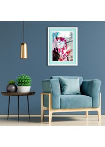 Bild mit Rahmen queence "Karl Lagerferld", blau (farbe rahmen: wei&szlig;, farbe bild(er): t&uuml;rkis), B:40cm H:50cm T:2cm, Acrylglas, Holz, Bilder, Bild mit Rahmen, Poster mit buntem Acrylglas Passepartout