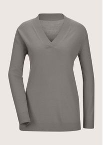 Madeleine Mode Longpullover MADELEINE "Pullover Glattstrick-Pullover mit V-Ausschnitt", Damen, Gr. 36/38, wei&szlig; (graphit, wollwei&szlig;, melange), Obermaterial: 100% Schurwolle WV., Modern, normal, V-Ausschnitt, Pullover Longpullover