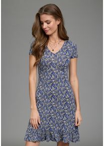 Sommerkleid Laura Scott, Damen, Gr. 34, N-Gr, blau, gebl&uuml;mt, Single Jersey, Obermaterial: 95% Viskose, 5% Elasthan, gebl&uuml;mt, figurumspielend mini, V-Ausschnitt, Kleider Sommerkleid, mit floralem Alloverdruck, aus Viskosemischung - NEUE FARBEN
