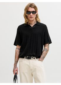 Jack & Jones Polokragenpullover JACK & JONES "JJEBRADLEY KNIT SPLIT NECK SS SN", Damen, Gr. S, schwarz, Strick, Obermaterial: 100% Baumwolle, unifarben, normal, V-Ausschnitt, Pullover Polokragenpullover, Baumwolle