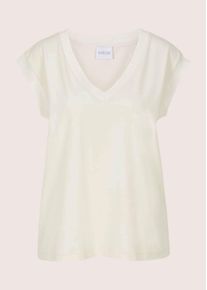 Madeleine Mode Kurzarmshirt MADELEINE "Jerseyshirt Sommershirt mit Rippenb&auml;ndern", Damen, Gr. 36, wei&szlig; (wollwei&szlig;), Obermaterial: 92% Baumwolle CO. 8% Elasthan EL., Modern, V-Ausschnitt, Shirts Kurzarmshirt, Breites Rippenband