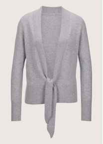 Madeleine Mode Strickjacke MADELEINE "Strickjacke Kaschmir-Strickjacke mit tiefem V-Ausschnitt und Bindeband", Damen, Gr. 36/38, grau (steingrau, melange), Obermaterial: 100% Kaschmir WS., Modern, normal, Strickjacken Strickjacke