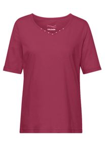 Langarm-Poloshirt GOLDNER "Kurzgr&ouml;&szlig;e Halbarm Basic-Shirt aus Baumwolle", Damen, Gr. 25, rot (merlot), Obermaterial: 95% Baumwolle CO. 5% Elasthan EL., Tubular, Shirts Langarm-Poloshirt, Ausschnitt in Herzform mit Schmucksteinen verziert