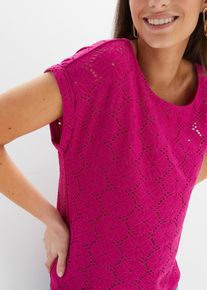 Shirtbluse bonprix, Damen, Gr. 36/38 (S), fuchsiapink, Web, Obermaterial: 95% Polyester, 5% Elasthan, unifarben, figurumspielend h&uuml;ftlang, Rundhals, angeschnitten Umschlagsaum, Blusen Shirtbluse, bequeme Passform, mit Lochstickerei, elastisches Material