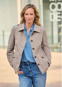 Blouson GOLDNER "&Uuml;bergangsjacke mit Crash-Optik", Damen, Gr. 54, beige (stein), Obermaterial: 55% Polyamid PA. 45% Polyester PES., figurumspielend, Jacken Blouson, Sattel mit bedruckten Konbtrastfutter