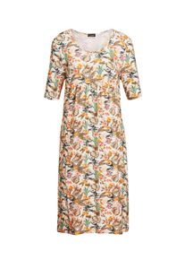 Druckkleid GOLDNER "Elastisches Jerseykleid mit modischem Druck", Damen, Gr. 52, N-Gr, wei&szlig; (wei&szlig;, bunt, gemustert), Obermaterial: 95% Viskose CV. 5% Elasthan EL., Casual, Gerade, Kleider Druckkleid, Applikation