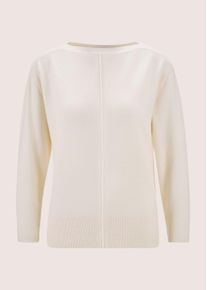 Madeleine Mode Longpullover MADELEINE "Pullover U-Boot-Pullover mit Fledermaus&auml;rmeln", Damen, Gr. 40/42, wei&szlig; (wollwei&szlig;), Obermaterial: 70% Baumwolle CO. 30% Kaschmir WS., Modern, normal, U-Boot-Ausschnitt, Pullover Longpullover