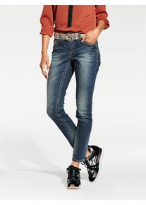 R&ouml;hrenjeans Heine, Damen, Gr. 46, Normalgr&ouml;&szlig;en, blau (blau stone), 95% Baumwolle, 3% Polyester, 2% Elasthan, Miedereinsatz:15% Elasthan, 85% Polyamid, unifarben, lang, Jeans R&ouml;hrenjeans