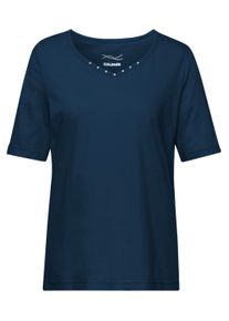Langarm-Poloshirt GOLDNER "Kurzgr&ouml;&szlig;e Halbarm Basic-Shirt aus Baumwolle", Damen, Gr. 24, blau (marine), Obermaterial: 95% Baumwolle CO. 5% Elasthan EL., Tubular, Shirts Langarm-Poloshirt, Ausschnitt in Herzform mit Schmucksteinen verziert