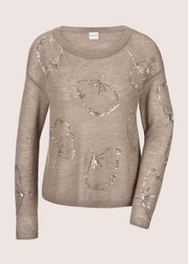 Madeleine Mode Longpullover MADELEINE "Strickpullover Glanzpullover mit Ginkgo-Design und Pailletten", Damen, Gr. 36/38, beige (cappuccino), Obermaterial: 55% Polyamid Polyam.recyc. 36% Schurwolle WV. 9% Alpaka WP., Modern, normal, Pullover Longpullover