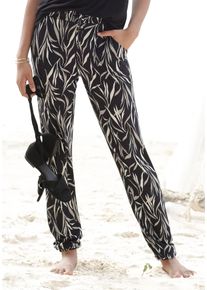 Strandhose Buffalo, Damen, Gr. 44, N-Gr, schwarz (schwarz, gr&uuml;n bedruckt), Jersey, Obermaterial: 100% Viskose, bedruckt, figurumspielend lang, Hosen Strandhose, aus Viskose mit Taschen, Elastikbund, Jerseyhose, Topseller