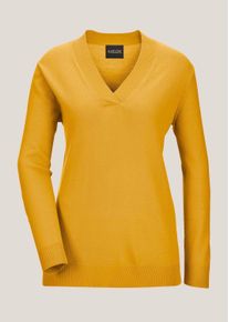 Madeleine Mode Longpullover MADELEINE "Pullover Glattstrick-Pullover mit V-Ausschnitt", Damen, Gr. 34, gelb (goldgelb), Obermaterial: 100% Schurwolle WV., Modern, normal, V-Ausschnitt, Pullover Longpullover