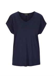 Kurzarmshirt GOLDNER "Kurzgr&ouml;&szlig;e Uni leichtes Shirt Viertelarm", Damen, Gr. 22, blau (marine), Obermaterial: 94% Viskose CV. 6% Elasthan EL., Basic, figurumspielend, V-Ausschnitt, mit Aufschlag, Shirts Kurzarmshirt, kleiner Aufschlag am Armabschluss