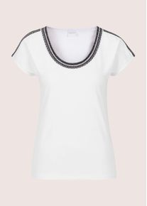 Madeleine Mode Kurzarmshirt MADELEINE "Blusenshirt Rundhals-Shirt mit Stickerei, Kurzarm", Damen, Gr. 46, wei&szlig; (wei&szlig;, schwarz), Obermaterial: 95% Baumwolle CO. 5% Elasthan EL., Modern, gerade, Shirts Kurzarmshirt, Dekorative Stickerei