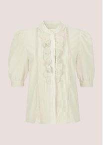 Madeleine Mode Kurzarmbluse MADELEINE "R&uuml;schenbluse Blusenshirt mit Spitzendetails", Damen, Gr. 38, wei&szlig; (perlwei&szlig;), Obermaterial: 79% Baumwolle CO. 21% Seide silk., Modern, schmal, Blusen Kurzarmbluse, Feine Spitzenb&auml;nder