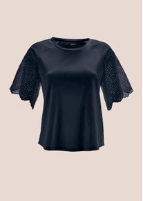 Madeleine Mode Shirtbluse MADELEINE "Blusenshirt Kurzes Blusen-Shirt im Material-Mix", Damen, Gr. 42, blau (marine), Obermaterial: 95% Baumwolle CO. 5% Elasthan EL., Modern, normal, Blusen Shirtbluse