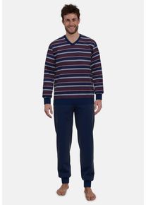 G&ouml;tzburg Pyjama G&Ouml;TZBURG "Zartbitter", Damen, Gr. 50 (M), rot (rot, dunkel, ringel), Single Jersey, Obermaterial: 60% Baumwolle, 40% Polyester, gestreift, bequem lang, V-Ausschnitt, B&uuml;ndchen, Homewear-Sets Pyjama, V-Ausschnitt, Langarm, lange Hose, Baumwollmix, b&uuml;gelfrei, bequem