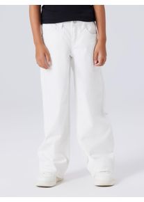 5-Pocket-Hose name it "NKFROSE WIDE TWI PANT 1115-TP NOOS", M&auml;dchen, Gr. 128, N-Gr, hellwei&szlig;, Twill, Obermaterial: 98% Baumwolle, 2% Elasthan, unifarben, weit lang, Hosen 5-Pocket-Hose, Baumwollmischung, regular fit, verstellbarer Bund