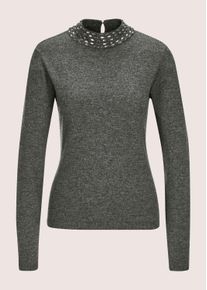 Madeleine Mode Longpullover MADELEINE "Strickpullover Eleganter Wollpullover mit Stehkragen", Damen, Gr. 48, grau (bleigrau, melange), Obermaterial: 90% Schurwolle WV. 10% Kaschmir WS., Modern, Pullover Longpullover, mit Dekosteinen