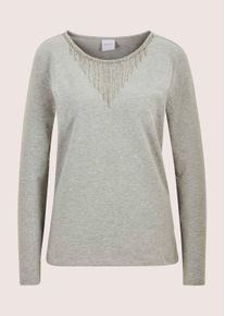 Madeleine Mode Langarmshirt MADELEINE "Sweatshirt Glamour&ouml;ser Pullover, Strassakzente", Damen, Gr. 40, grau (silbergrau, melange), Obermaterial: 95% Baumwolle CO. 5% Elasthan EL., Modern, Shirts Langarmshirt, Shirt mit extravaganter Kettendekoration