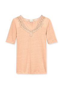 Madeleine Mode Kurzarmshirt MADELEINE "Shirt Kurzarm-Shirt aus Leinen mit feinem Spitzen-Akzent", Damen, Gr. 42, orange (pfirsich), Obermaterial: 100% Leinen LI., Modern, normal, V-Ausschnitt, Shirts Kurzarmshirt