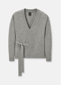 Madeleine Mode Longpullover MADELEINE "Pullover V-Pullover mit Bindeband", Damen, Gr. 40/42, grau (grau, melange), Obermaterial: 90% Schurwolle WV. 10% Kaschmir WS., Modern, normal, V-Ausschnitt, Pullover Longpullover