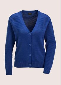 Madeleine Mode Strickjacke MADELEINE "Strickjacke Eleganter Cardigan mit V-Ausschnitt", Damen, Gr. 40/42, blau (royalblau), Obermaterial: 100% Baumwolle CO., Modern, Strickjacken Strickjacke, Strukturstrick