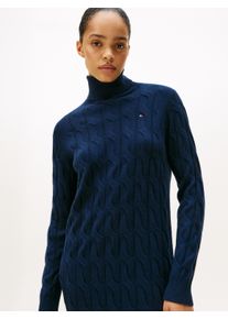 Strickkleid Tommy Hilfiger "SOFT WOOL CABLE ROLL-NK LS DRESS", Damen, Gr. XXXL(46), N-Gr, blau (schwarz night navy), Strick, Obermaterial: 100% Wolle, unifarben, ca. Mitte Wade, Kleider Strickkleid, Wolle, mit Zopfmuster