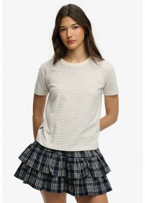 T-Shirt Superdry "ESSENTIAL LOGO STR FITTED TEE", Damen, Gr. XS, desert bone sanftes wei&szlig; stripe, Single Jersey, Obermaterial: 100% Baumwolle, gestreift, slim fit normal, Rundhals, Shirts T-Shirt, angenehmes Tragegef&uuml;hl durch besonders weiche Haptik