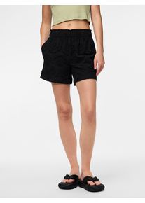 Shorts Pieces "PCVILDE MW SHORTS WVN NOOS", Damen, Gr. L, N-Gr, schwarz, Web, Obermaterial: 100% Baumwolle, unifarben, regular fit kurz, Hosen Shorts, mit Lochstickerei