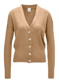 Madeleine Mode Strickjacke MADELEINE "Strickjacke Kurze Strickjacke mit V-Ausschnitt", Damen, Gr. 44/46, beige (caramel, melange), Obermaterial: 88% Viskose CV. 12% Elasthan EL., Modern, tailliert, Strickjacken Strickjacke