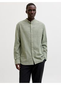 Jack & Jones Langarmhemd JACK & JONES "JJESUMMER LINEN BLEND BAND SHIRT L/S SN", Damen, Gr. M, N-Gr, new sage, Web, Obermaterial: 70% Baumwolle, 30% Leinen, unifarben, regular fit normal, 1-Knopf-Manschette, Hemden Langarmhemd, Baumwollmischung, regular fit