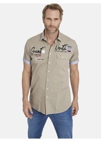 Karohemd Jan Vanderstorm "Kurzarmhemd AJULE", Herren, Gr. 4XL, weit, beige (beige kariert), Obermaterial: 100% Baumwolle CO., Hemden Karohemd