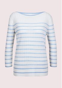 Madeleine Mode Longpullover MADELEINE "Pullover Ringel-Pullover aus Rippstrick", Damen, Gr. 34, blau (rauchblau, wei&szlig;), Obermaterial: 100% Schurwolle WV., Modern, normal, U-Boot-Ausschnitt, Pullover Longpullover