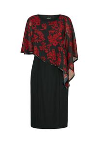 Etuikleid GOLDNER "Festliches Kleid mit feinem Chiffon&uuml;berwurf", Damen, Gr. 52, N-Gr, schwarz (schwarz, rot, gebl&uuml;mt), Obermaterial: 92% Polyester PES. 8% Elasthan EL., festlich, 3/4 Arm, Kleider Etuikleid, Chiffon&uuml;berwurf mit schimmerndem Paillettenbesatz