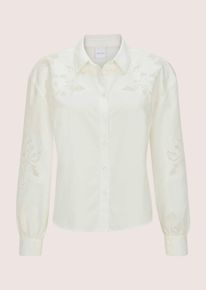 Madeleine Mode Langarmbluse MADELEINE "Hemdbluse Baumwollbluse mit floraler Stickerei", Damen, Gr. 42, wei&szlig; (wollwei&szlig;), Obermaterial: 100% Baumwolle CO., Modern, gerade, Blusen Langarmbluse, Bluse mit dekorativen Spitzeneins&auml;tzen am Arm und im Vorderteil