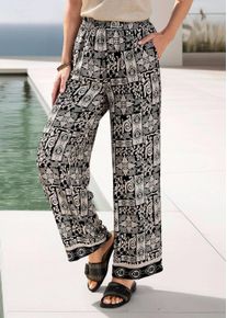 Stoffhose GOLDNER "Weite Hose VERA aus Viskose-Satin", Damen, Gr. 46, N-Gr, schwarz (stein, schwarz, gemustert), Obermaterial: 100% Viskose CV., Hosen Stoffhose