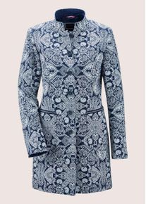 Madeleine Mode Longblazer MADELEINE "Gehrock Gehrock mit Jacquard-Muster", Damen, Gr. 38, blau (marine, wollwei&szlig;), Obermaterial: 62% Polyester PES. 34% Baumwolle CO. 4% Elasthan EL., Modern, normal, Blazer Longblazer