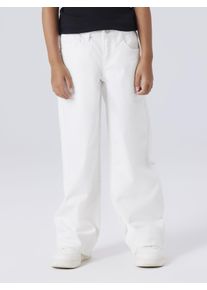 5-Pocket-Hose name it "NKFROSE WIDE TWI PANT 1115-TP NOOS", M&auml;dchen, Gr. 152, N-Gr, hellwei&szlig;, Twill, Obermaterial: 98% Baumwolle, 2% Elasthan, unifarben, weit lang, Hosen 5-Pocket-Hose, Baumwollmischung, regular fit, verstellbarer Bund