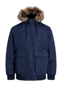 Jack & Jones Bomberjacke JACK & JONES "JJCONSTRUCT FAUX FUR BOMBER", Herren, Gr. S, blau (navy blazer), Web, Obermaterial: 100% Polyester, unifarben, normal, Rippb&uuml;ndchen, Jacken Bomberjacke, Kapuze mit abnehmbarem Kunstfell-Rand