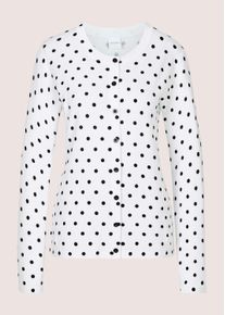 Madeleine Mode Strickjacke MADELEINE "Cardigan Langarm Strickjacke mit Knopfleiste, Punktmuster", Herren, Gr. 34, wei&szlig; (wei&szlig;, schwarz), Obermaterial: 71% Viskose CV. 29% Polyamid PA., Modern, gerade, Strickjacken Strickjacke, Punkteprint