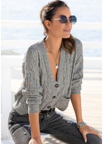 Strickjacke Lascana, Damen, Gr. 32/34, grau (grau, meliert), Strick, Obermaterial: 50% Polyacryl, 50% Polyester, meliert, figurumspielend h&uuml;ftlang, V-Ausschnitt, Rippstrickb&uuml;ndchen, Strickjacken Strickjacke, mit Zopfmuster, kuschelweicher Cardigan, l&auml;ssig, Topseller